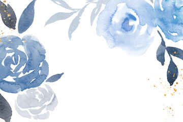 Rose png blue frame background winter watercolor illustration