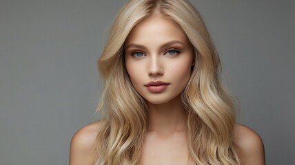 Fototapeta premium Portrait of beautiful young woman with long blonde hair. Studio shot.