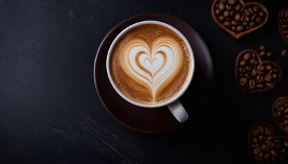 A close-up of a white cup filled with latte coffee and a heart-shaped foam design, resting on a brown saucer on a dark background