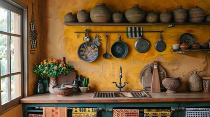 This image depicts a cozy traditional Asian kitchen, featuring wooden beams, clay pots, and hand-painted tiles, creating a warm and inviting atmosphere that embraces cultural heritage and rustic charm