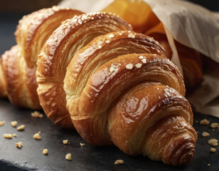 Un croissant con una leggera spolverata di mandorle a lamelle sulla superficie.
