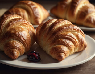 Fototapeta premium Una composizione di croissant disposti a ventaglio su un tagliere di legno, con un piccolo barattolo di marmellata accanto. 