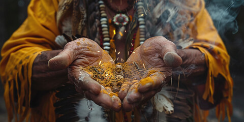 A Native American medicine man uses herbs to heal and nourish the tribe, observing the cycle of life and death.