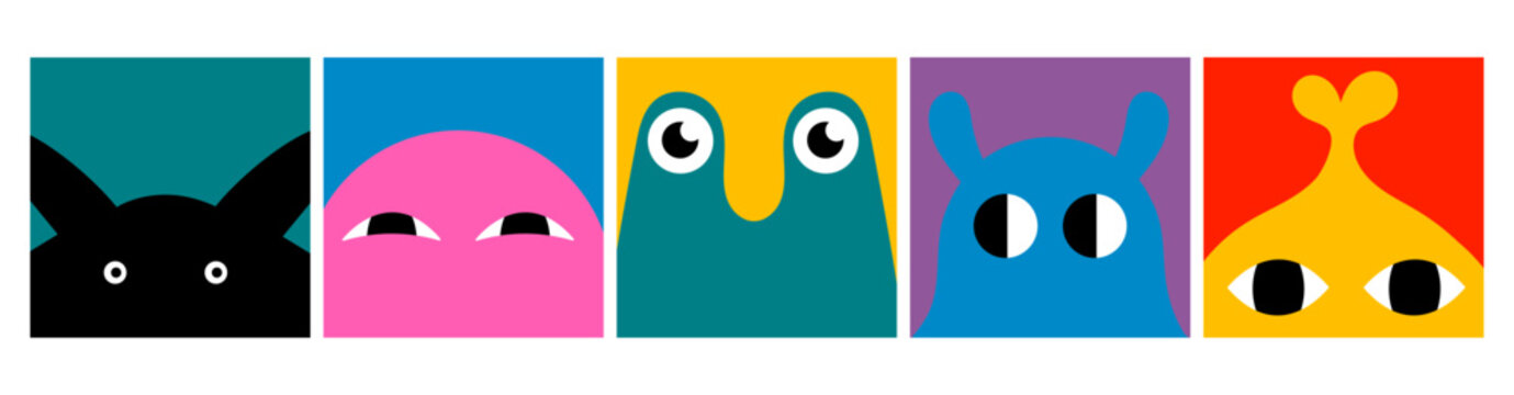 Abstract little Monsters or fantastic animals. Various funny creatures. Cartoon childish style. Cute characters. Colorful hand drawn Vector illustration. Isolated design elements. Square avatars