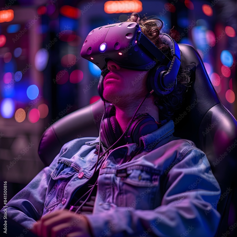 Poster virtual reality gaming setup with player fully immersed in digital world technology concept