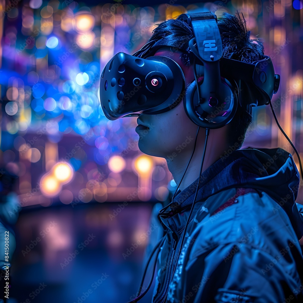 Poster futuristic virtual reality gaming setup with player fully immersed in digital world