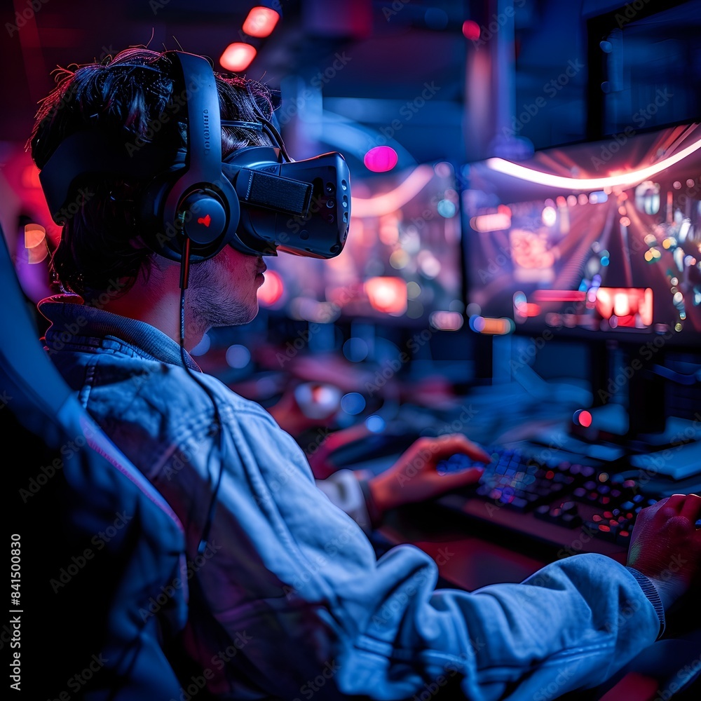 Aufkleber virtual reality gaming setup with fully immersed player in digital world technology concept with cop