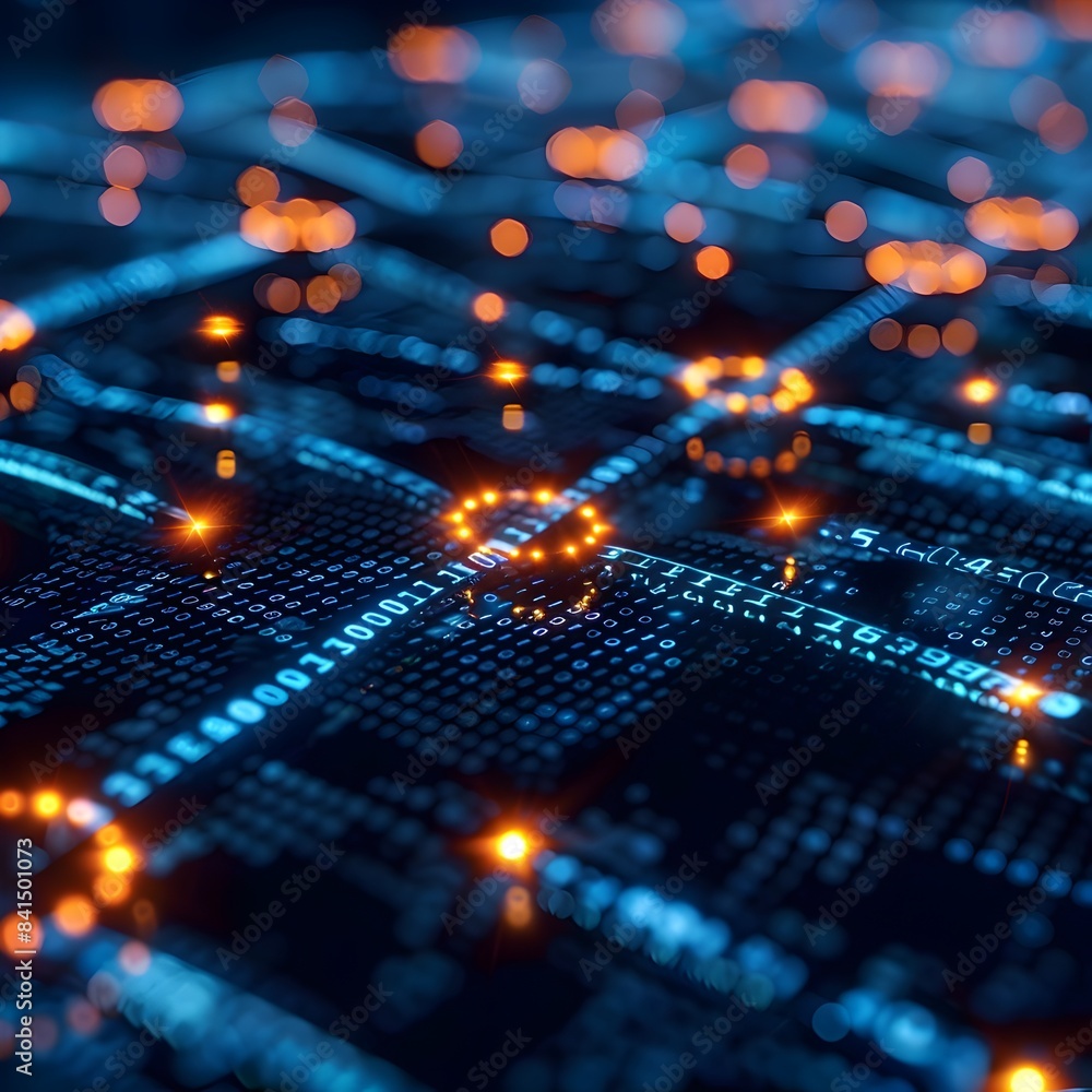 Poster interconnected blockchain network visualized as nodes and data flow futuristic technology concept