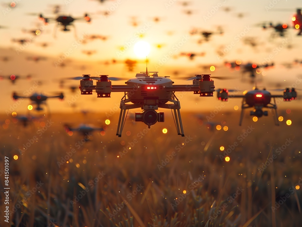 Poster autonomous drone swarm performing coordinated task in scenic sunset field