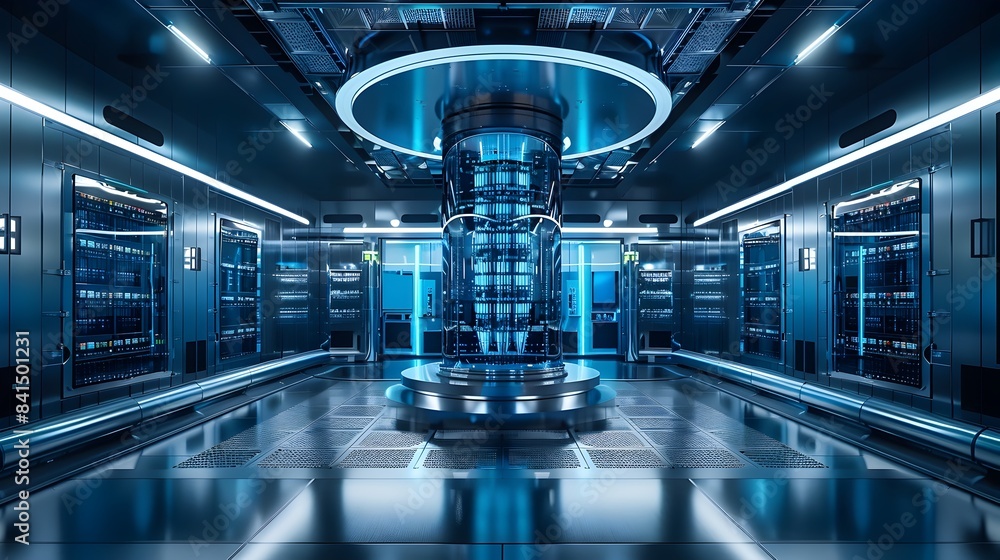 Poster sleek futuristic quantum computer in high tech lab setting advanced technology concept