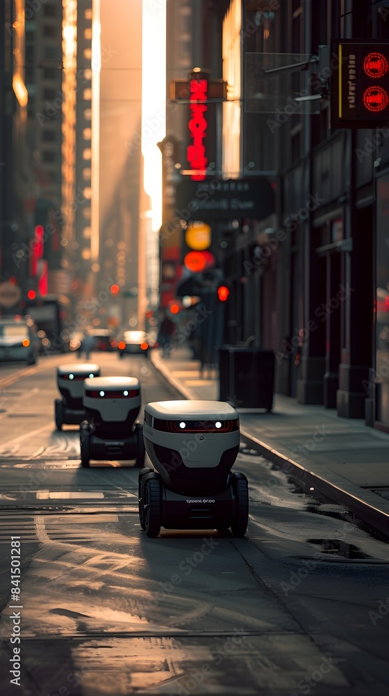Poster autonomous delivery robots navigating a busy urban environment showcasing futuristic technology conc