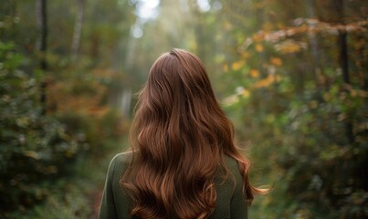 A woman with chestnut brown hair in the forest, back view