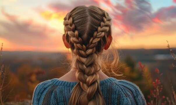 A woman with blonde hair, her hair braided intricately, with sunset on background, back view