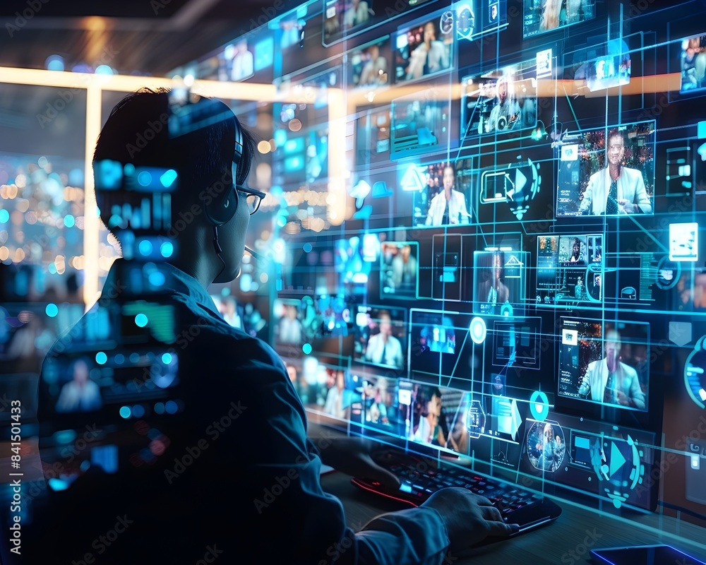 Poster virtual with remote team members using holographic interfaces for futuristic digital communication a