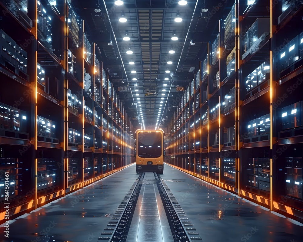 Poster futuristic ai driven logistics center with automated inventory management