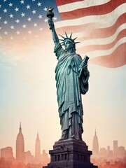 Happy independence, 4th July day. Liberty statue. an America flag waving background, illustration, cinematic, painting, vibrant