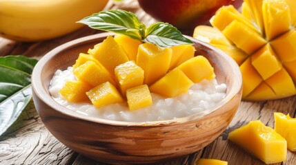 Fresh mango cubes on coconut rice dessert in wooden bowl