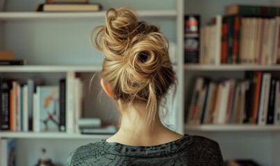 A woman with honey blonde hair styled in a messy bun looking on book shelf, back view - Powered by Adobe