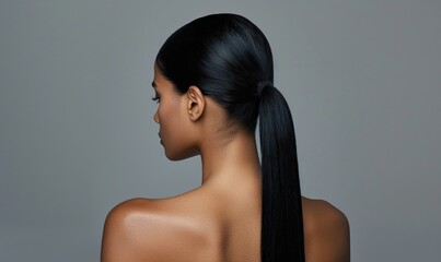 A woman with jet black hair fashioned into a sleek high ponytail, back view