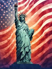 Happy independence, 4th July day. Liberty statue. an America flag waving background, illustration, cinematic, painting, vibrant