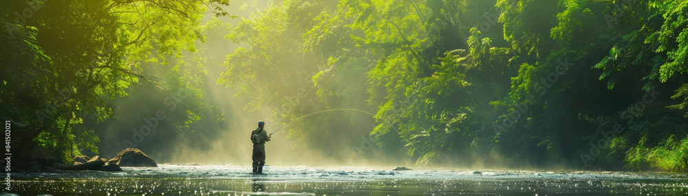 Wall mural a lone angler fishing in a serene river surrounded by lush green forest, bathed in the golden mornin