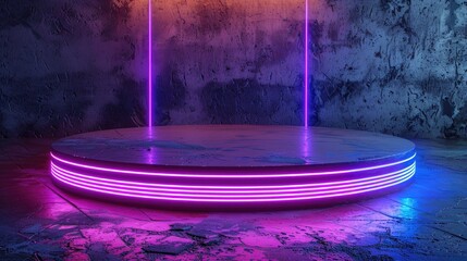 Futuristic sci-fi podium with vibrant neon purple and blue laser lines on a grunge asphalt floor. Realistic 3D rendering.