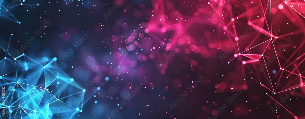 Poster abstract background with glowing lines and dots in blue, pink and red on a dark background. abstract