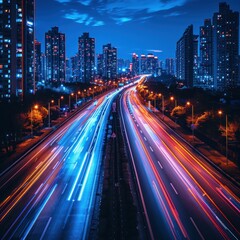 High-speed light trails moving blurred against the city skyline background, representing fast digital technology and urban life. Abstract concept of speed on the highway with long exposure effect.