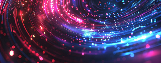 Abstract background with glowing lines and dots in blue, pink and red on a dark background. Abstract digital futuristic technology concept