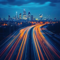 Fototapeta premium High-speed light trails moving blurred against the city skyline background, representing fast digital technology and urban life. Abstract concept of speed on the highway with long exposure effect.