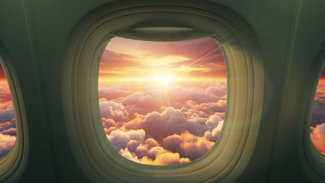 Sunset with a view from the window of a flying airplane