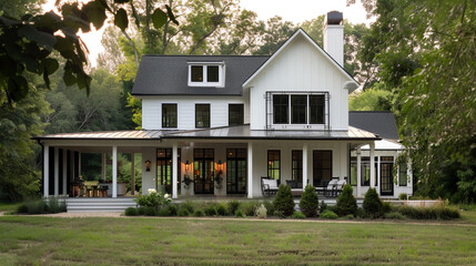 A modern American farmhouse with a white facade, black trim, and a spacious wrap-around porch.