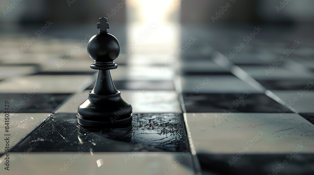 Aufkleber 3d rendering of a chessboard with a single black pawn in the foreground. the pawn is in focus and th