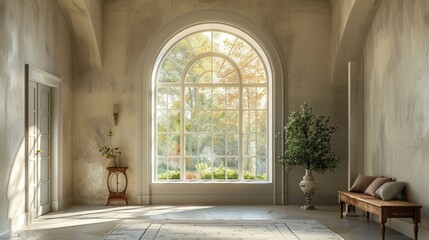 Immerse yourself in the beauty of a room with a magnificent arched window, bathing the interior in natural light. Perfect for architectural photography.