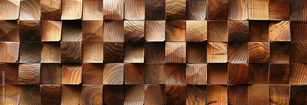 Poster a wall of wooden tiles with a geometric pattern that creates the illusion that they form squares and