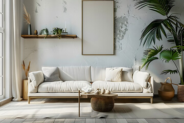 A modern living room with a white sofa