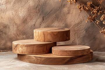 Rustic Wooden Podium with Dried Flowers on a Textured Background
