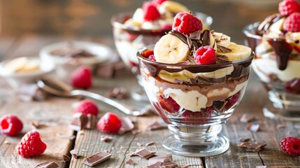 Delectable banana raspberry chocolate parfaits on rustic table