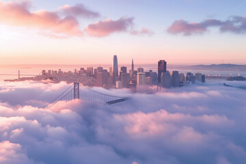 Aerial View of San Francisco Skyline Covered in Morning Fog at Sunrise, Highlighting the Bay Bridge