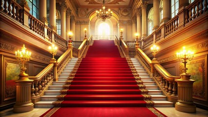 Obraz premium Luxurious crimson carpet unfolding like a velvety ribbon, studded with golden stanchions, against a backdrop of ornate, gilded balustrades and soft, spotlight glow.