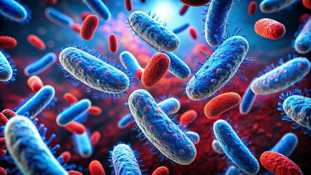 Colorful 3d illustration of brucella bacteria cells in blue and red shades causing brucellosis infection with detailed cell membranes and flagella in a dark background.