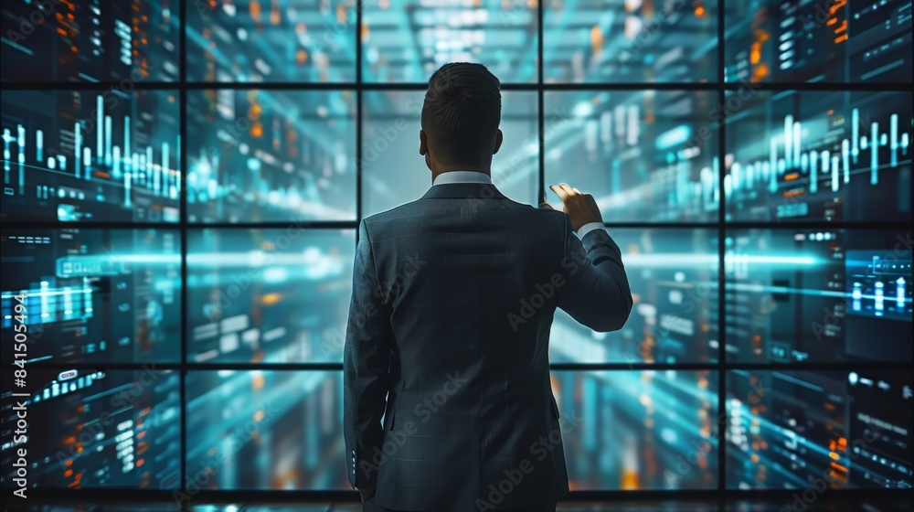 Aufkleber business man trying to hit an image of business data visualization on a screen, in the style of prec