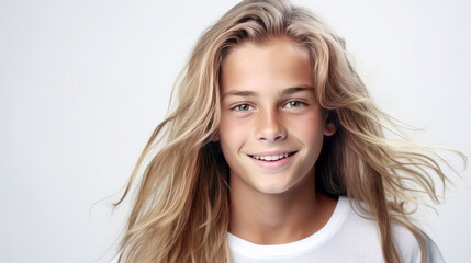 Fototapeta premium Portrait of a happy smiling blond, long haired confident teenage guy with perfect skin, white background, banner.
