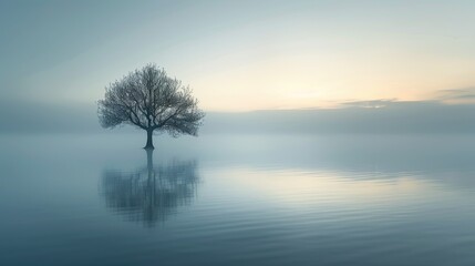 Lone tree stands amidst misty lake, reflecting the serene beauty of sunrise in tranquil surroundings
