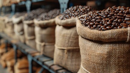 Obraz premium A burlap sack overflows with freshly roasted coffee beans, exuding rich aroma and inviting morning energy