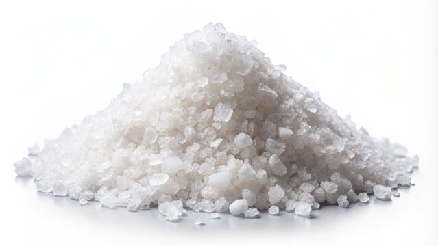 A pristine, isolated heap of crystalline salt glistens on a vibrant white background, its granular texture and subtle shadows evoking a sense of simplicity and elegance.