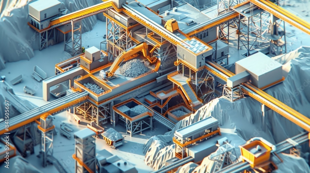 Poster a sprawling facility meticulously arranged to optimize mining operations making the most of every in