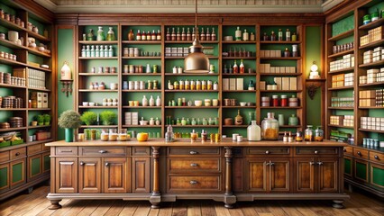 Fototapeta premium Vibrant shelves stocked with medications and medical supplies surround a tidy pharmacy counter adorned with a vintage-style woodenapotheke sign.