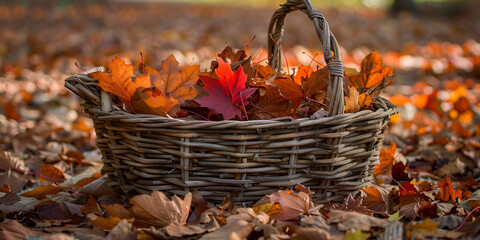 wicker basket filled with colorful fall leaves, with a focus on a red maple leaf.