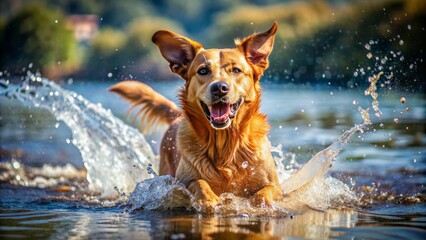 Joyful brown dog submerges in water, ears flapping, tail wagging, bursting with excitement, surrounded by ripples and splashes, exuding happiness and carefree spirit.